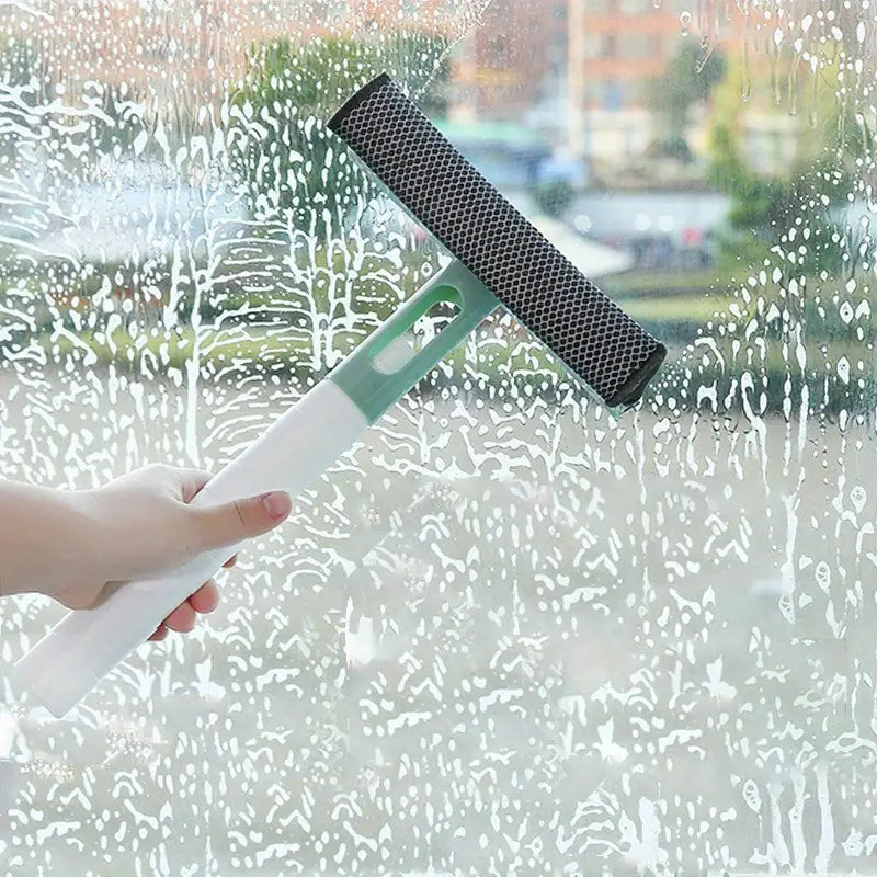 3-in-1 Window & Glass Cleaner — Double-Sided Scrubber with Rubber Squeegee Blad